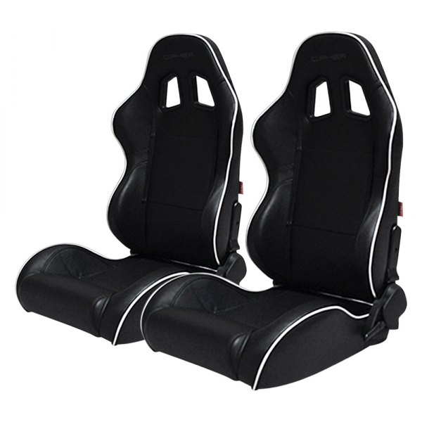 Cipher Auto® - CPA1031 Series Reclining Steel Tubular Frame Racing Seats, Black Leatherette Cover with White Accent Piping