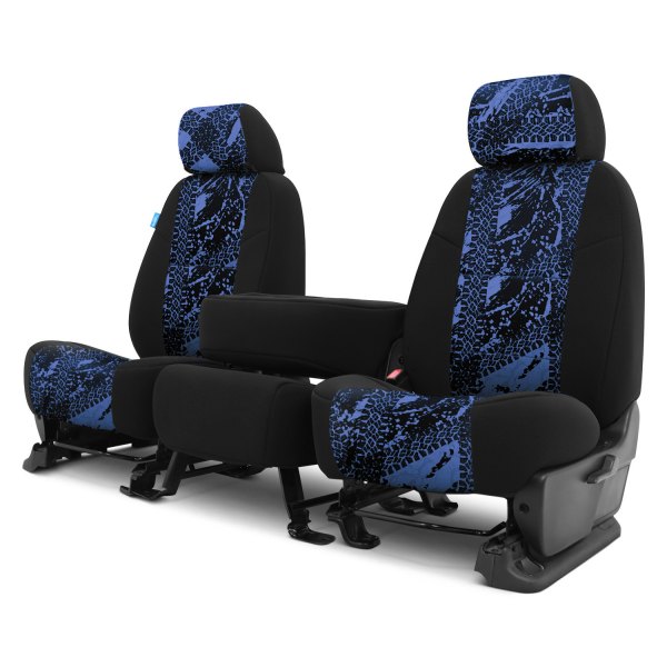 Coverking® - Designer Printed Neosupreme 2nd Row Graphic Tire Tracks Blue Custom Seat Covers
