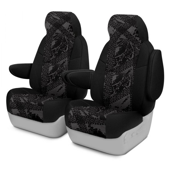 Coverking® - Designer Printed Neosupreme 1st Row Graphic Tire Tracks Charcoal Custom Seat Covers