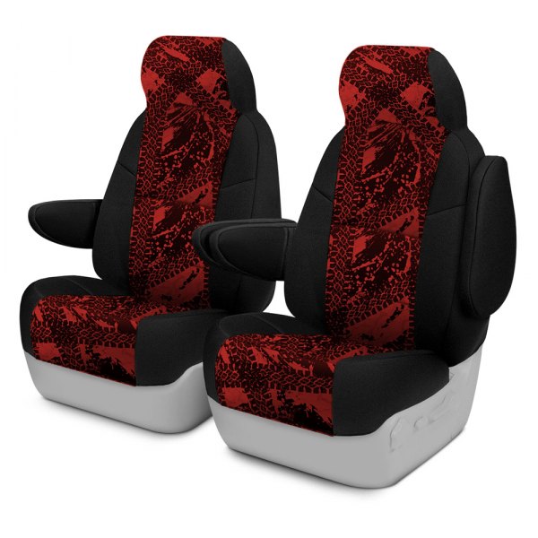 Coverking® - Designer Printed Neosupreme 2nd Row Graphic Tire Tracks Red Custom Seat Covers