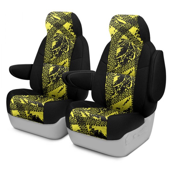 Coverking® - Designer Printed Neosupreme 2nd Row Graphic Tire Tracks Yellow Custom Seat Covers