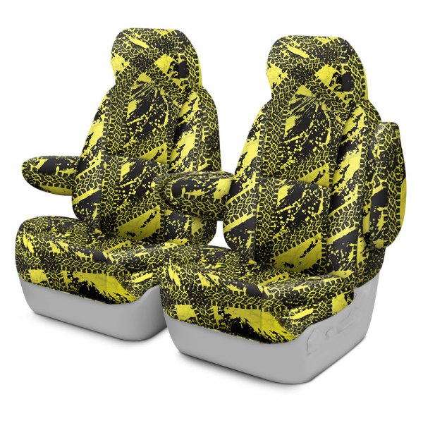 Coverking® - Designer Printed Neosupreme 2nd Row Graphic Tire Tracks Yellow Custom Seat Covers