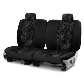 Coverking® - Designer Printed Neosupreme Graphic Tire Tracks 1st Row Charcoal Custom Seat Covers