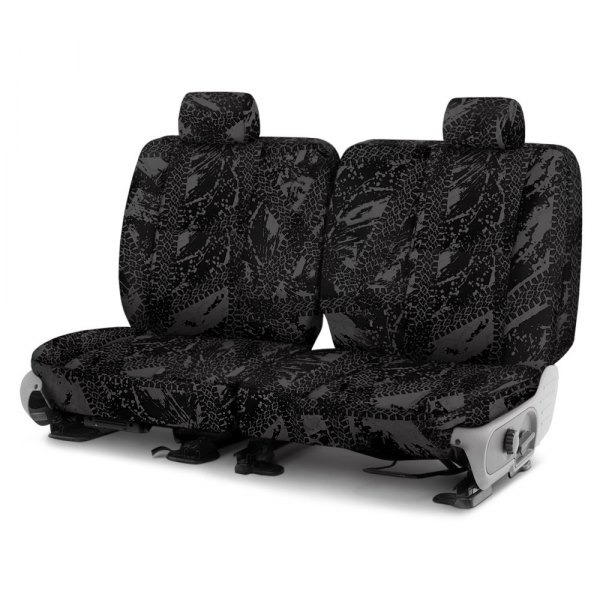Coverking® - Designer Printed Neosupreme 2nd Row Graphic Tire Tracks Charcoal Custom Seat Covers
