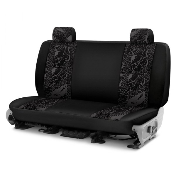 Coverking® - Designer Printed Neosupreme 2nd Row Graphic Tire Tracks Charcoal Custom Seat Covers