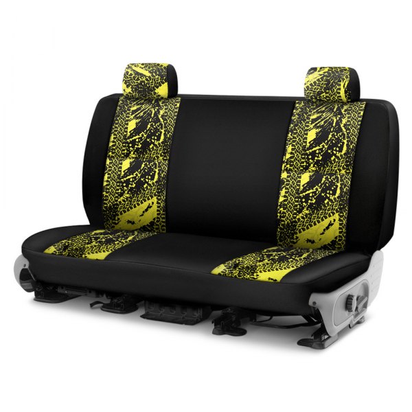 Coverking® - Designer Printed Neosupreme 1st Row Graphic Tire Tracks Yellow Custom Seat Covers