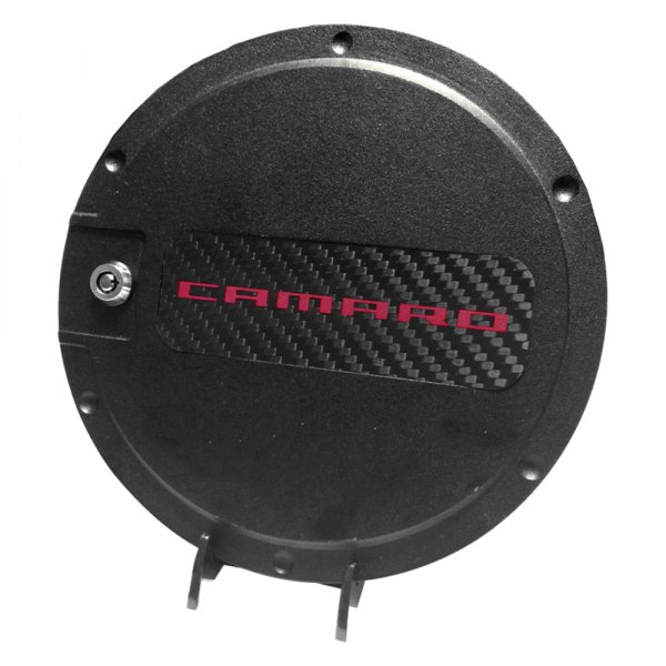 DefenderWorx® - Locking Black Gas Cap with Carbon Fiber Insert and Red Camaro Logo