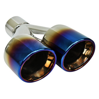 Different Trend® - Blue Flame Series Driver Side Staggered Round Rolled Edge Angle Cut Dual Exhaust Tip (2.25" Inlet, 9.5" Length)