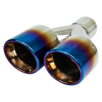 Different Trend® - Blue Flame Series Passenger Side Staggered Round Rolled Edge Angle Cut Dual Exhaust Tip (2.25" Inlet, 9.5" Length)
