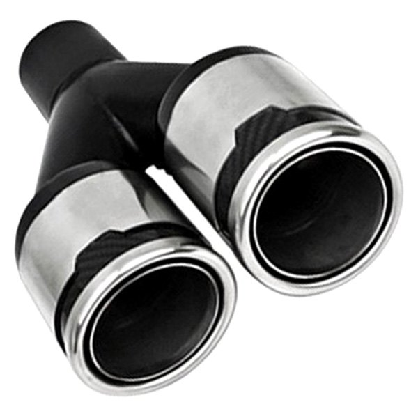 Different Trend® - Hi-Polished Series Driver or Passenger Side Stainless Steel Staggered Round Double Layer Rolled Edge Straight Cut Dual Exhaust Tip with Carbon Fiber Accents