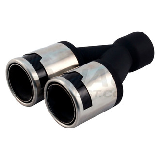 Different Trend® - Hi-Polished Series Stainless Steel Passenger Side Staggered Round Double Layer Rolled Edge Straight Cut Dual Exhaust Tip with Carbon Fiber Accents (2.25" Inlet, 8.75" Length)