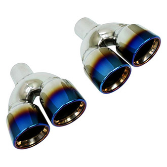 Different Trend® - Blue Flame Series Driver Side Staggered Round Rolled Edge Angle Cut Dual Exhaust Tip (2.25" Inlet, 9.75" Length)
