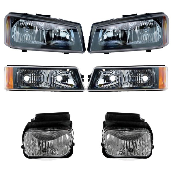 DIY Solutions® - 1st Design Black/Chrome Factory Style Headlights with Turn Signal/Parking Lights and Fog Lights