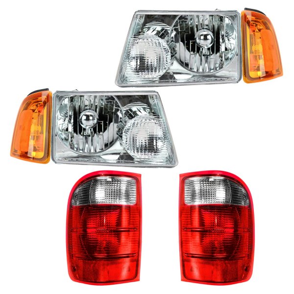 DIY Solutions® - Driver and Passenger Side Chrome Factory Style Headlights with Turn Signal/Corner Lights and Tail Lights