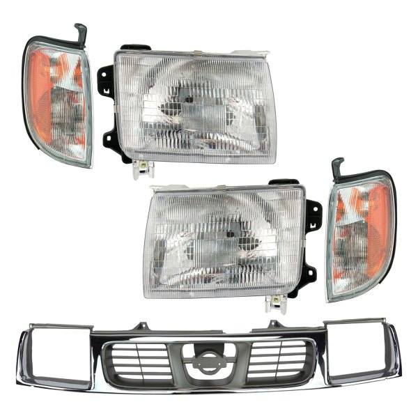 DIY Solutions® - Driver and Passenger Side Chrome Factory Style Headlights with Turn Signal/Corner Lights and Grille