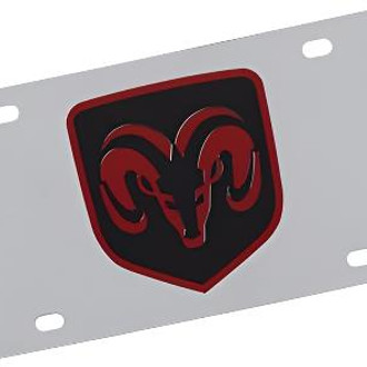 Eurosport Daytona® - MOPAR Polished License Plate with Black / Red Dodge Ram Framed Emblem