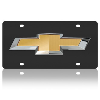 Eurosport Daytona® - GM Lazertag Black License Plate with Style 2 Gold / Silver Chevrolet New Bowtie