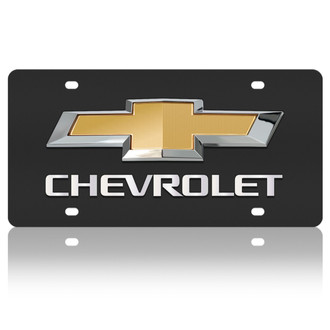 Eurosport Daytona® - GM Black License Plate with Style 2 Gold / Silver Chevrolet New Logo and Bowtie