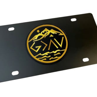 Eurosport Daytona® - LSN Polished License Plate with Gold God Is Greater Than My Up and Downs Logo