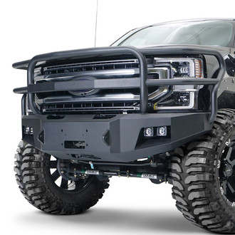 Fab Fours® - Premium Full Width Black Powder Coated Front Winch HD Bumper with Full Grille Guard