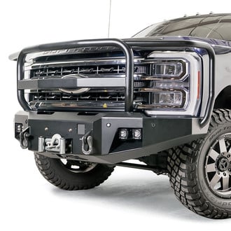 Fab Fours® - Premium Full Width Black Powder Coated Front Winch HD Bumper with Full Grille Guard