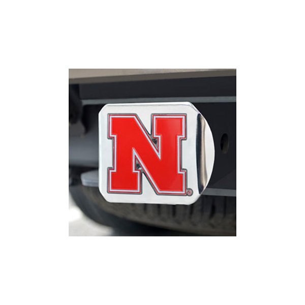 FanMats® - Chrome College Hitch Cover with Red University of Nebraska Logo for 2" Receivers