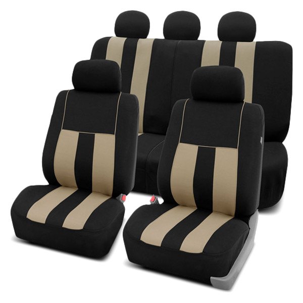  FH Group® - 1st & 2nd Row Striking Striped 1st & 2nd Row Black & Beige Seat Covers