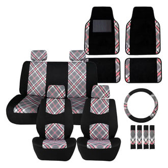 FH Group® - Tartan57 Plaid Print 1st & 2nd Row Seat Covers and Non-Slip Carpet Floor Mats