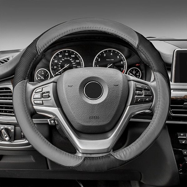 FH Group® - Perforated Genuine Leather Gray/Black Steering Wheel Cover