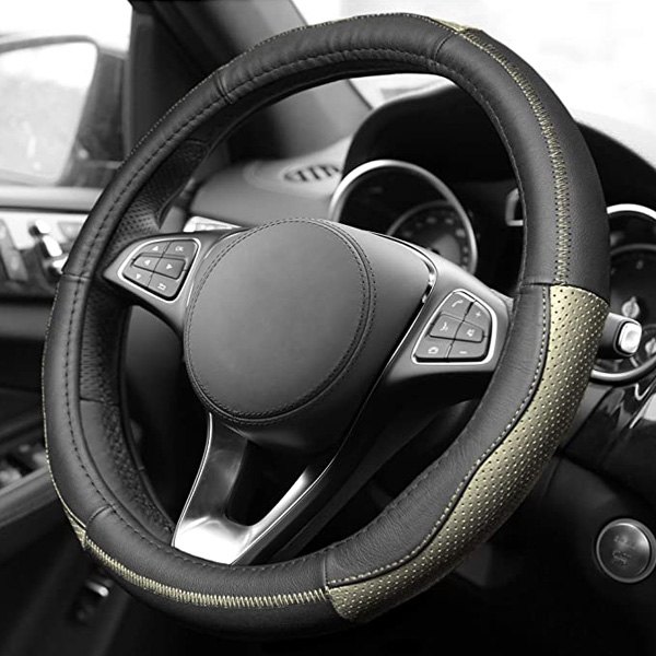 FH Group® - Sleek and Sporty Genuine Leather Beige Steering Wheel Cover