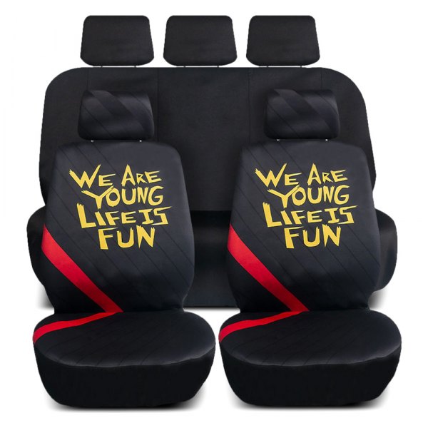  FH Group® - 1st & 2nd Row We Are Young Life Is Fun™ Black & Red Seat Covers