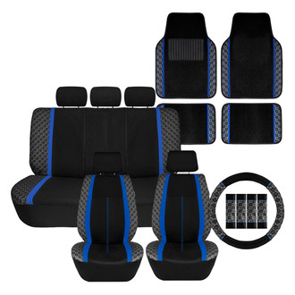FH Group® - We Are Young Life is Fun™ Checker Printed 1st & 2nd Row Black & Blue Seat Covers and Floor Mats