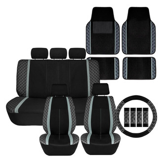 FH Group® - We Are Young Life is Fun™ Checker Printed 1st & 2nd Row Black & Gray Seat Covers and Floor Mats