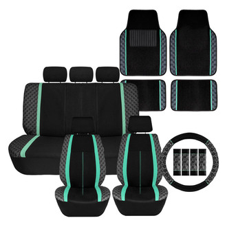 FH Group® - We Are Young Life is Fun™ Checker Printed 1st & 2nd Row Black & Mint Seat Covers and Floor Mats