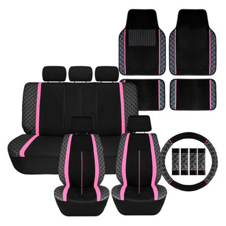 FH Group® - We Are Young Life is Fun™ Checker Printed 1st & 2nd Row Black & Pink Seat Covers and Floor Mats