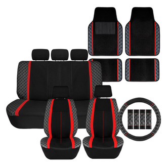 FH Group® - We Are Young Life is Fun™ Checker Printed 1st & 2nd Row Black & Red Seat Covers and Floor Mats