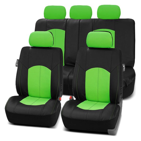 FH Group® - 1st & 2nd Row Highest Grade Faux Leather 1st & 2nd Row Black & Green Seat Covers