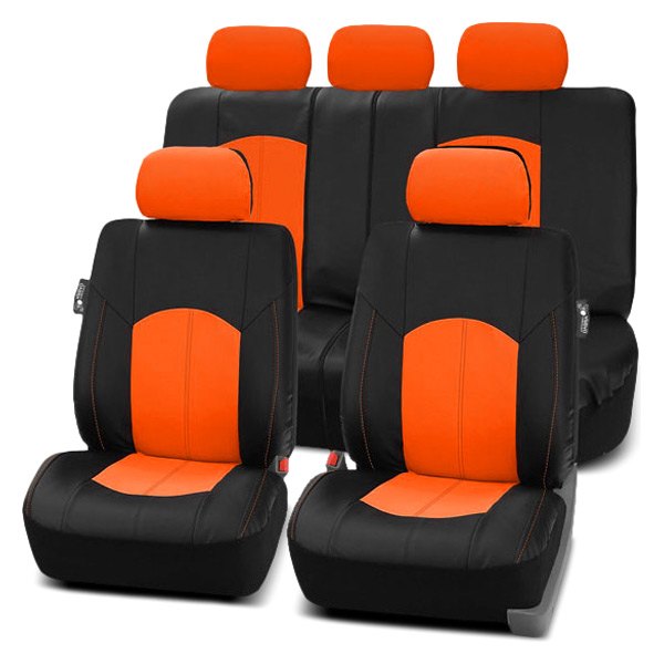  FH Group® - 1st & 2nd Row Highest Grade Faux Leather 1st & 2nd Row Black & Orange Seat Covers