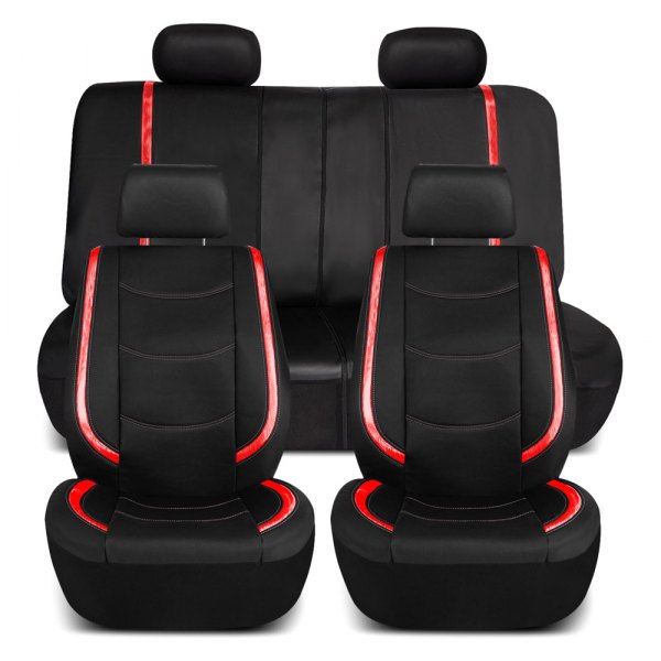  FH Group® - 1st & 2nd Row Galaxy13 Metallic Striped Deluxe Leatherette 1st & 2nd Row Black & Red Seat Covers