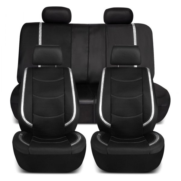  FH Group® - 1st & 2nd Row Galaxy13 Metallic Striped Deluxe Leatherette 1st & 2nd Row Black & White Seat Covers