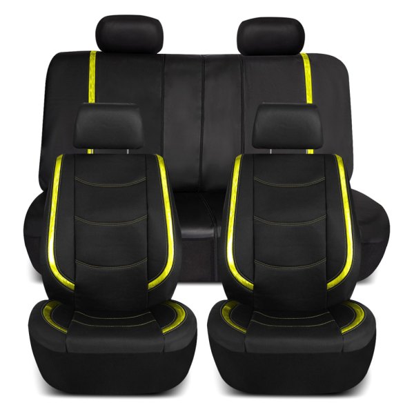  FH Group® - 1st & 2nd Row Galaxy13 Metallic Striped Deluxe Leatherette 1st & 2nd Row Black & Yellow Seat Covers