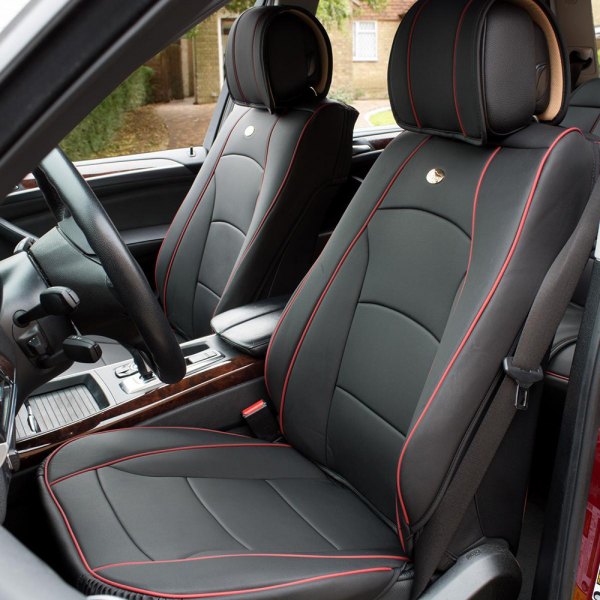  FH Group® - 1st Row Ultra Comfort Deluxe Leatherette 1st Row Black with Red Trim Seat Cushions