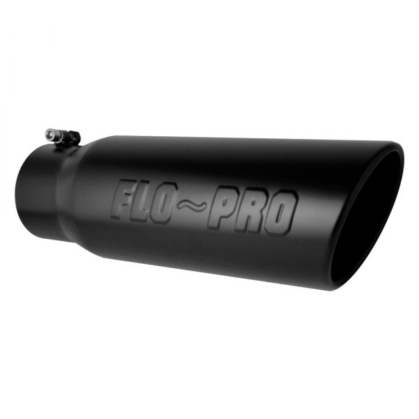 Flo-Pro® - 304 SS Round Rolled Edge Angle Cut Black Powder Coated Exhaust Tip with Stamped Logo