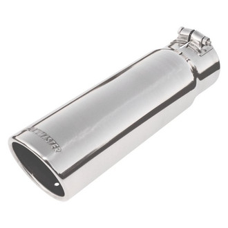 Flowmaster® - Stainless Steel Round Rolled Edge Angle Cut Clamp-On Polished Exhaust Tip with Embossed Logo (3" Inlet, 3.5" Outlet, 12" Length)