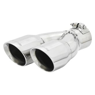Flowmaster® - Stainless Steel Passenger Side Round Rolled Edge Angle Cut Clamp-On Dual Polished Exhaust Tip with Embossed Logo (2.5" Inlet, 3" Outlet, 10" Length)