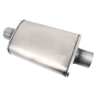 FlowMonster™ - 409 SS Oval Straight Through Natural Muffler (3" Center ID, 3" Center OD, 14" Length)