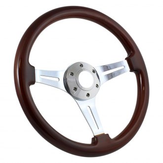 380mm Black Wood Steering Wheel with Chrome Spokes and Forever Sharp Horn Button 