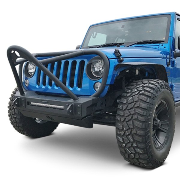 Hammerhead® - Jeep Wrangler 2007 Minimalist Stubby Black Front Winch HD  Bumper with Grille Guard