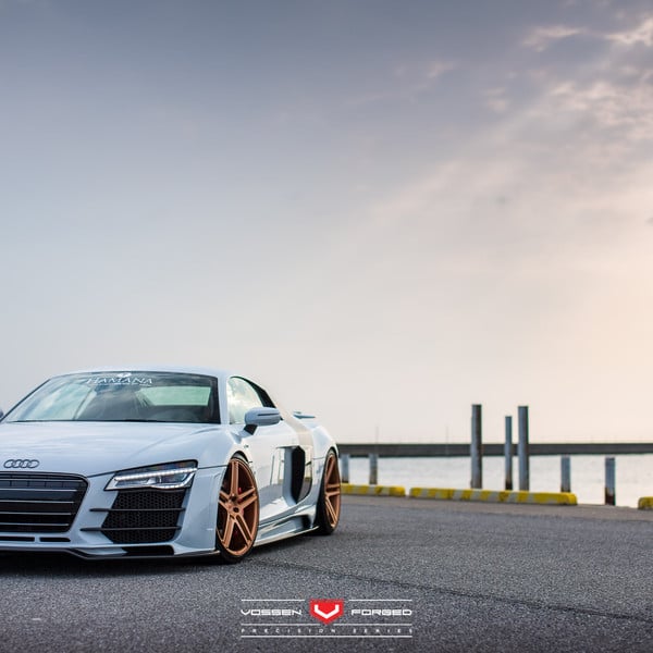 White Audi R8 with Custom Black Front Lip - Photo by Vossen