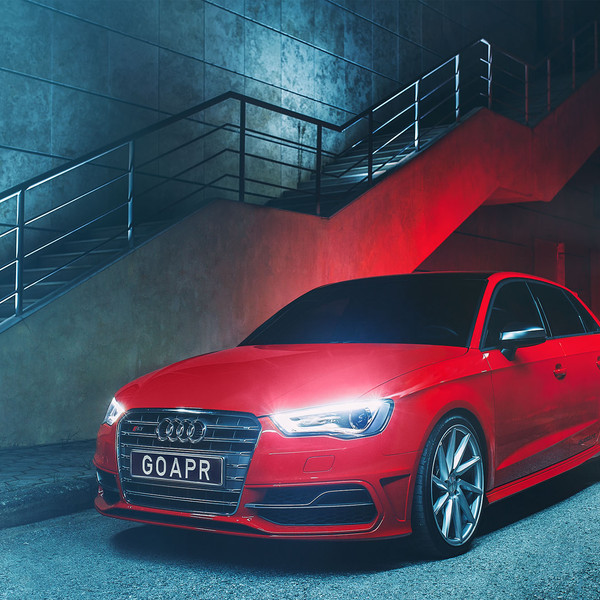Aftermarket LED-Bar Style Headlights on Red Audi S3 - Photo by Vossen